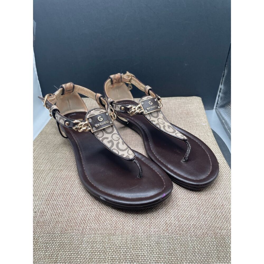 Guess Thong Ankle Strap Sandals With Buckle G Logo Pattern Bling Size 6 Women’s